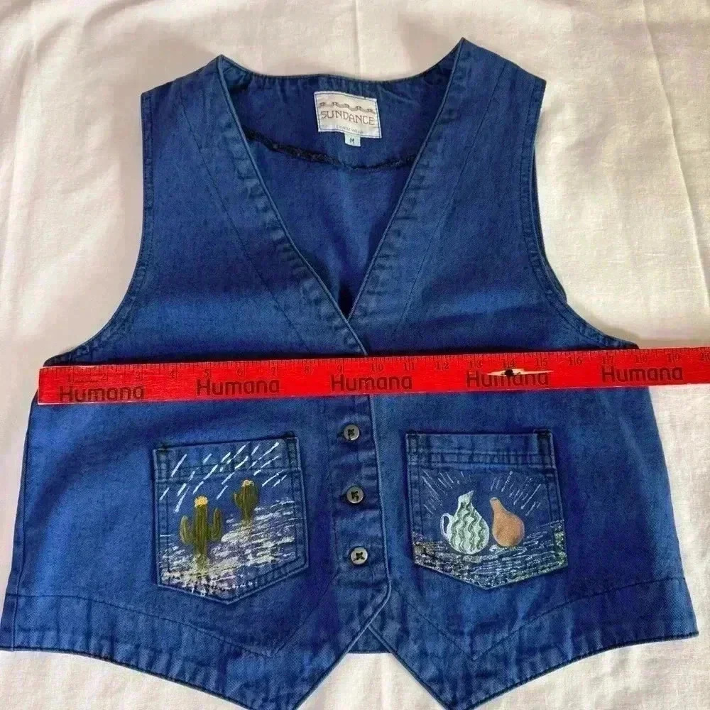Vintage 80's Sundance Denim Vest Size Medium Acid Wash Painted Southwest Aztec - Picture 5 of 9
